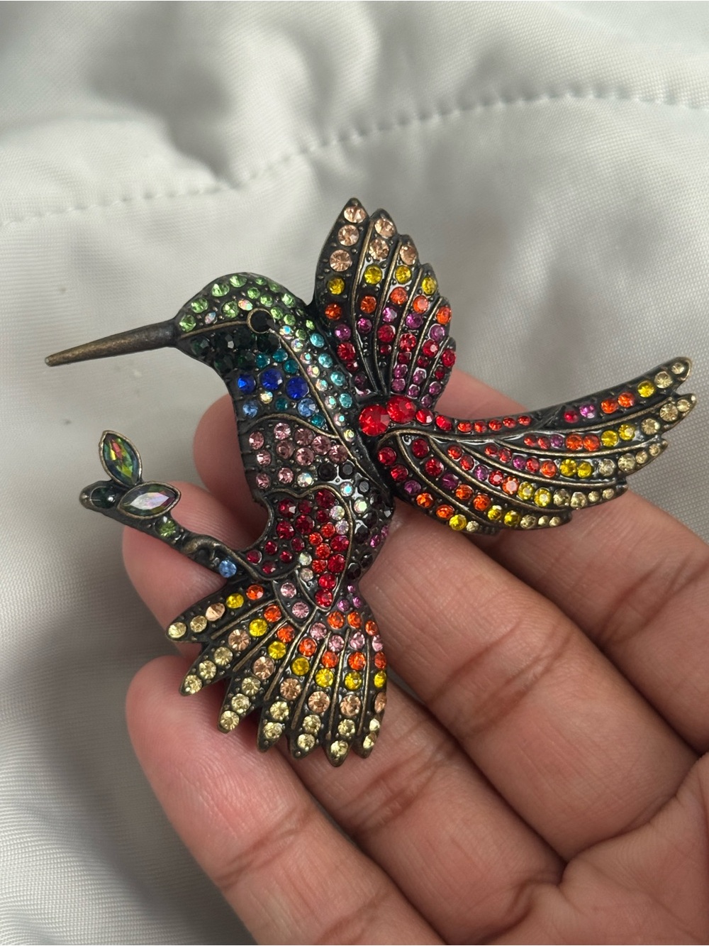 Vintage Multicolor Rhinestone Hummingbird Brooch - Colorful Crystal Accent